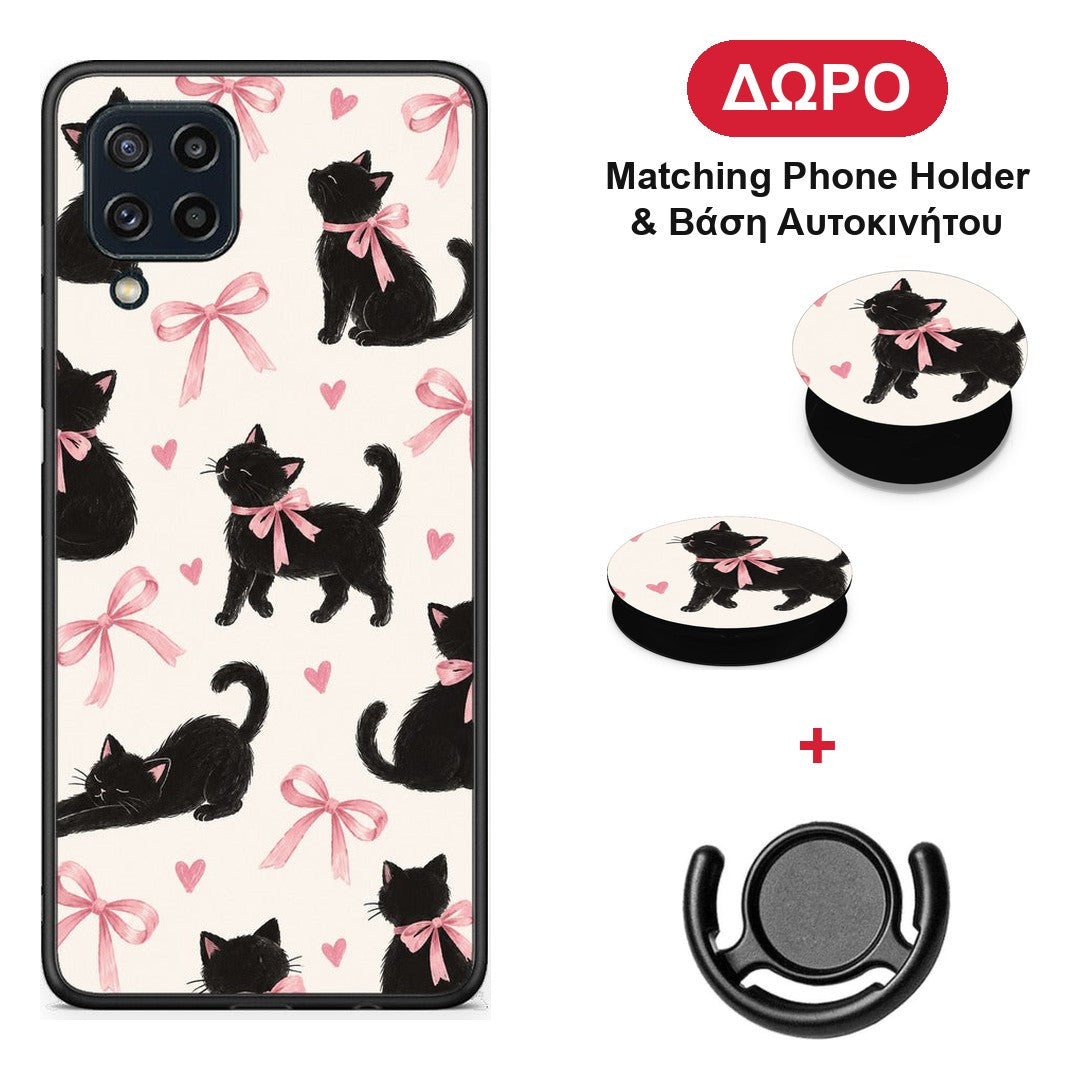 Black Kittens and Pink Bows on Cream Large - Samsung Galaxy M32 4G / M22 θήκη + Δώρο Phone Holder & Βάση Αυτοκινήτου