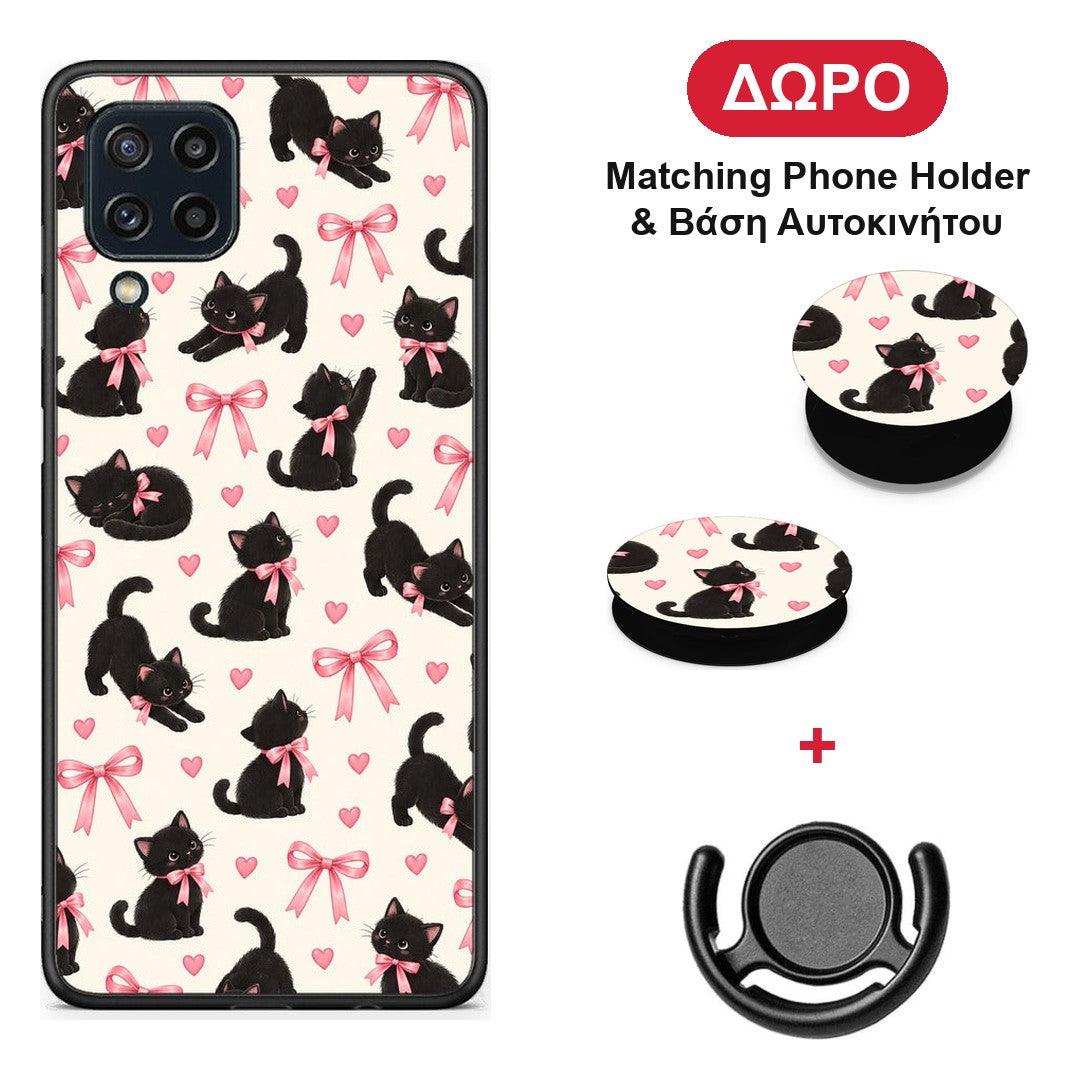 Black Kittens and Pink Bows on Cream Small - Samsung Galaxy M32 4G / M22 θήκη + Δώρο Phone Holder & Βάση Αυτοκινήτου