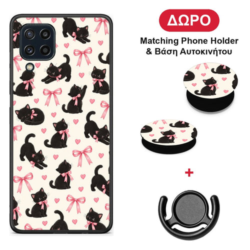 Black Kittens and Pink Bows on Cream Small - Samsung Galaxy M32 4G / M22 θήκη + Δώρο Phone Holder & Βάση Αυτοκινήτου