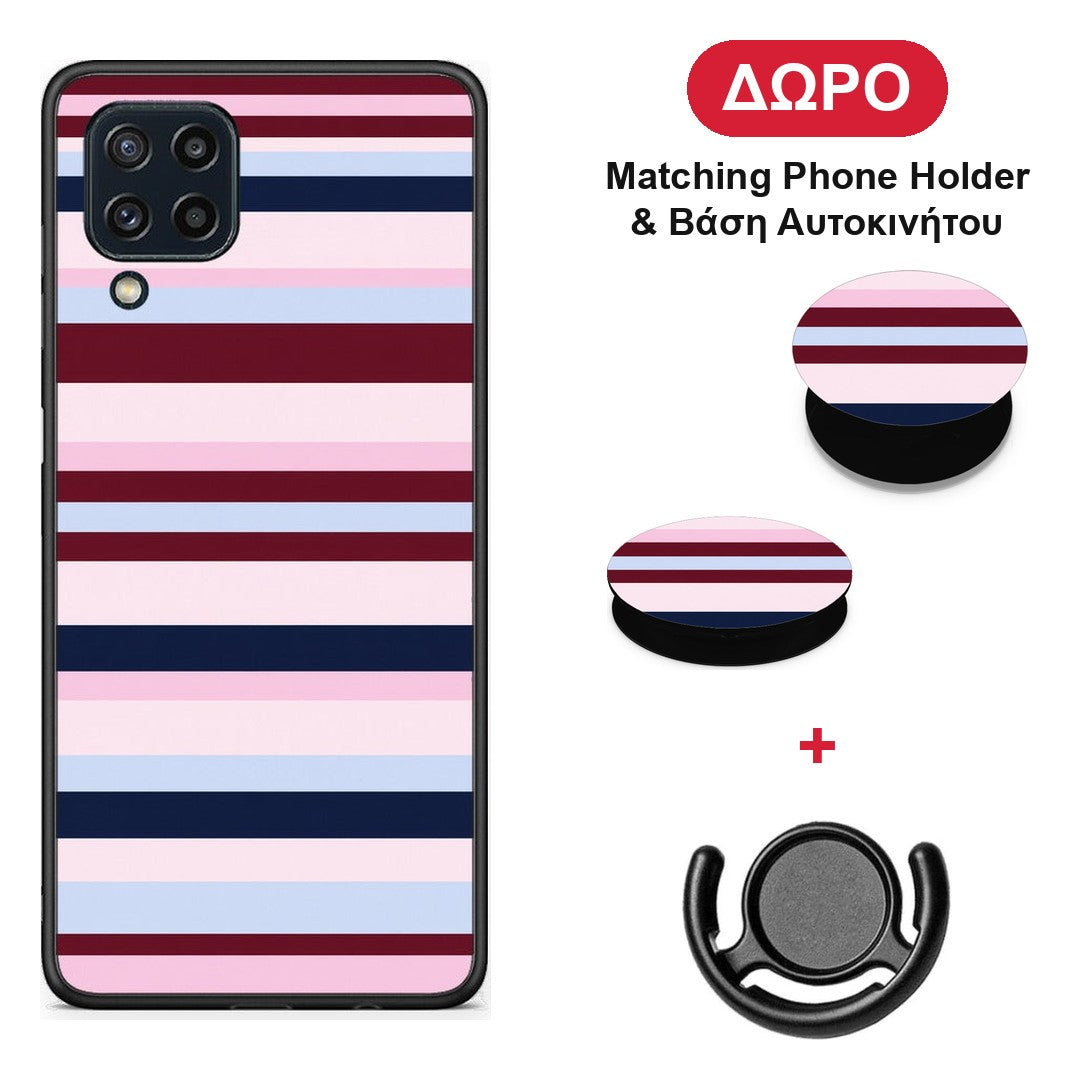 Burgundy Pink and Blue Horizontal Stripes - Samsung Galaxy M32 4G / M22 θήκη + Δώρο Phone Holder & Βάση Αυτοκινήτου