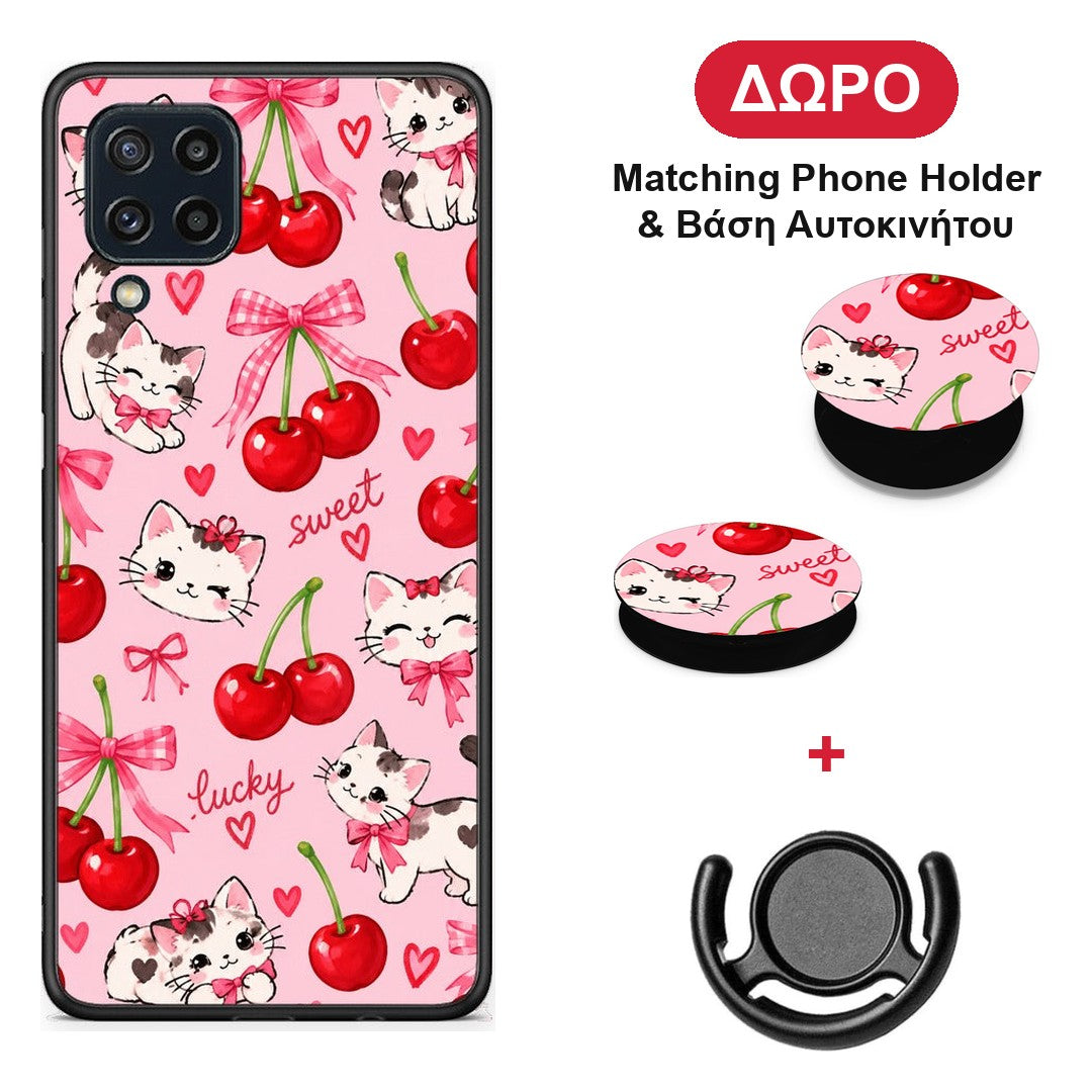 Cherries Bows and Kittens on Pink - Samsung Galaxy M32 4G / M22 θήκη + Δώρο Phone Holder & Βάση Αυτοκινήτου