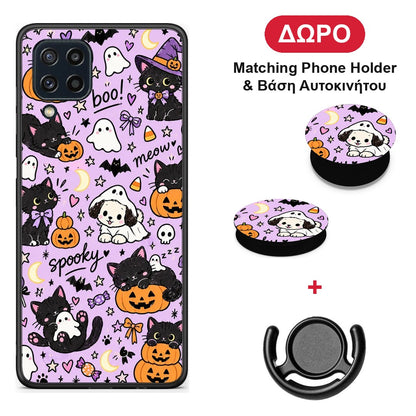 Halloween Black Cats on Lilac - Samsung Galaxy M32 4G / M22 θήκη + Δώρο Phone Holder & Βάση Αυτοκινήτου