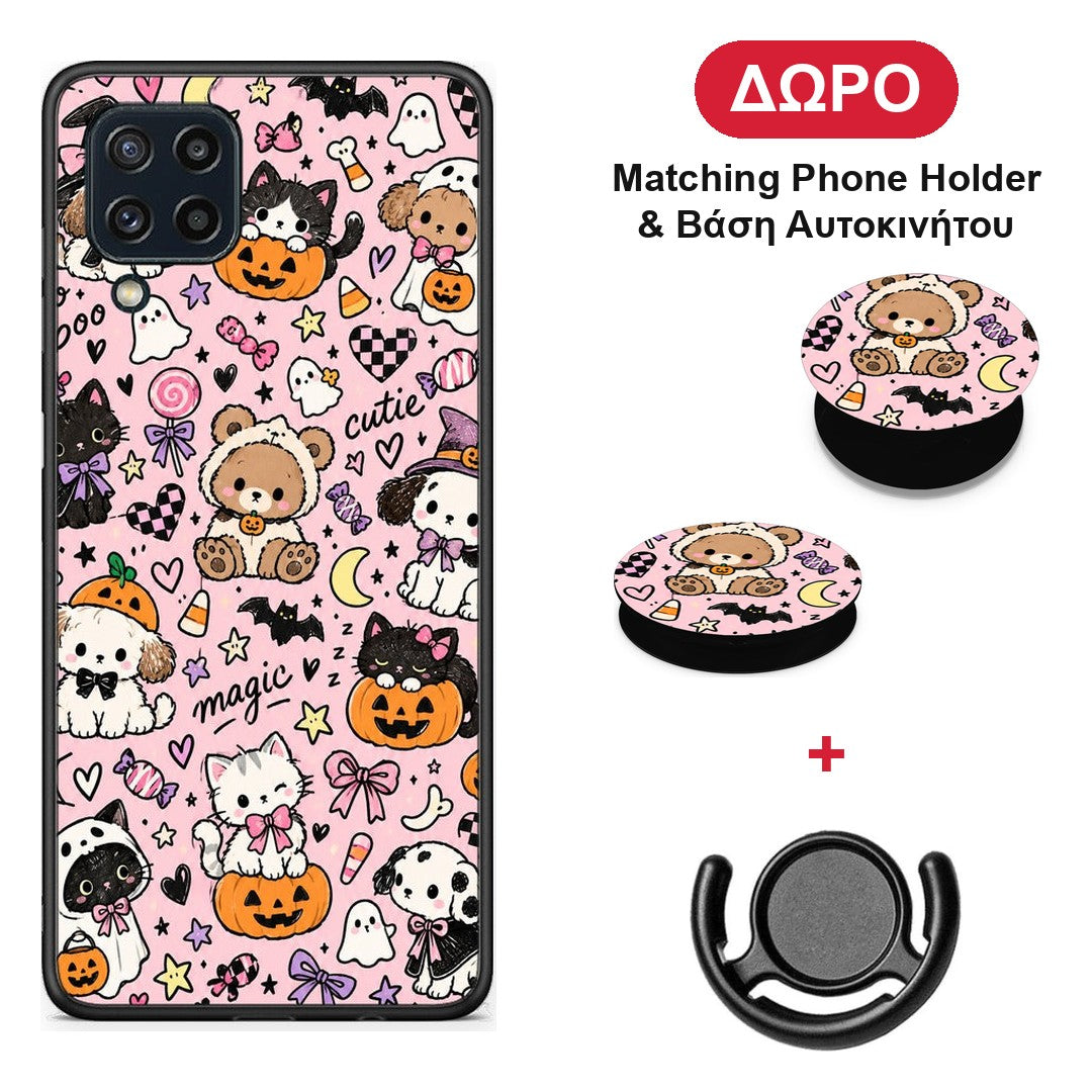 Halloween Cute Animals on Pink - Samsung Galaxy M32 4G / M22 θήκη + Δώρο Phone Holder & Βάση Αυτοκινήτου