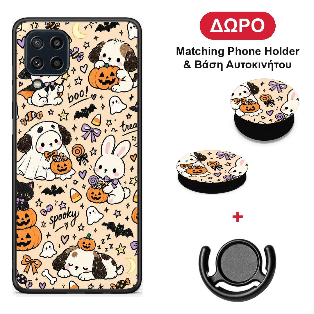 Halloween Puppies and Friends on Cream - Samsung Galaxy M32 4G / M22 θήκη + Δώρο Phone Holder & Βάση Αυτοκινήτου