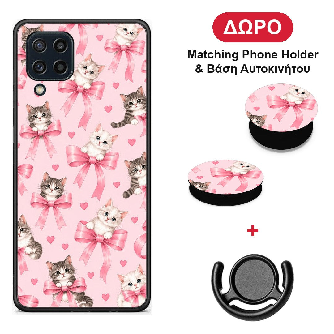 Kittens and Pink Bows on Pink - Samsung Galaxy M32 4G / M22 θήκη + Δώρο Phone Holder & Βάση Αυτοκινήτου