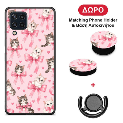 Kittens and Pink Bows on Pink - Samsung Galaxy M32 4G / M22 θήκη + Δώρο Phone Holder & Βάση Αυτοκινήτου