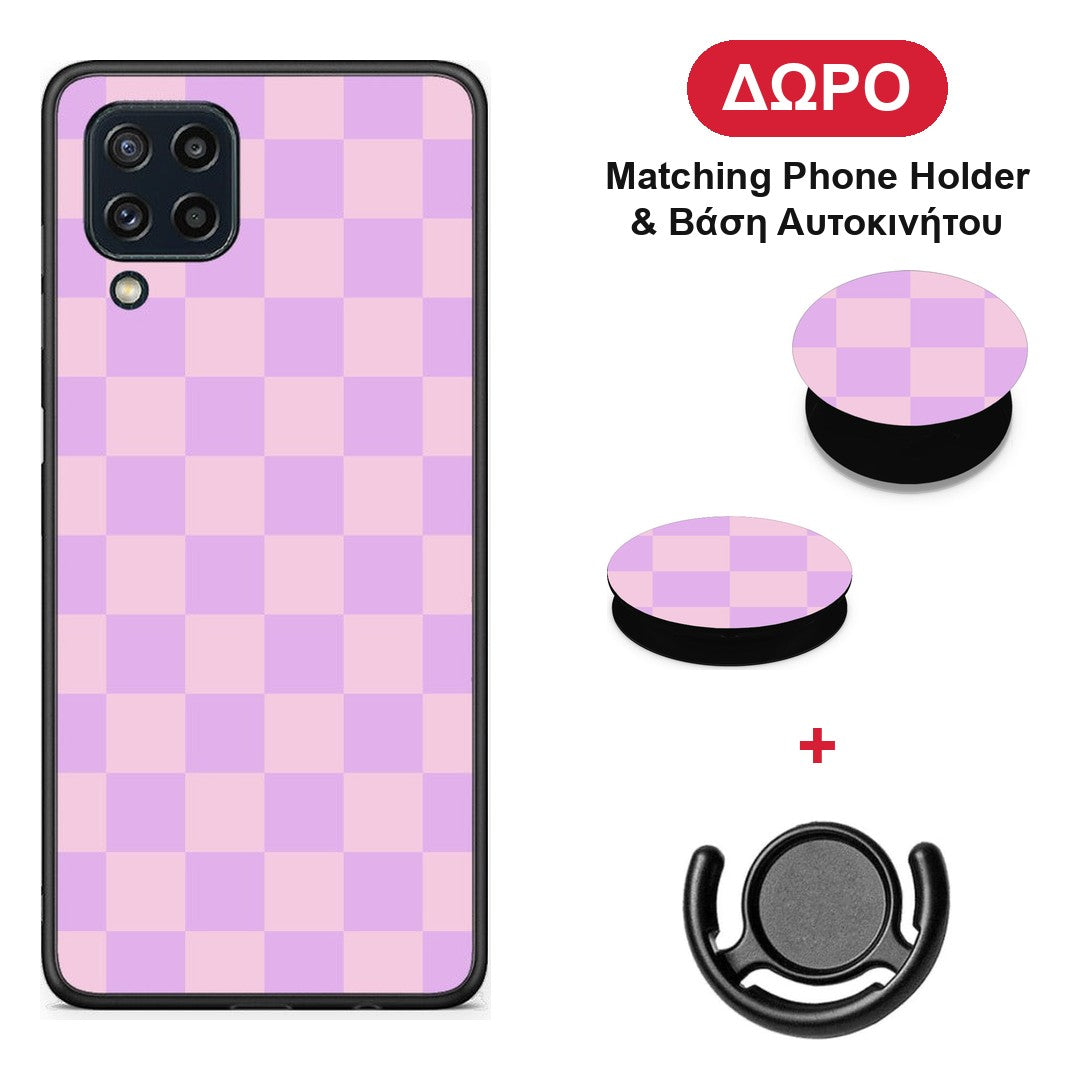 Lavender and Pink Checkerboard - Samsung Galaxy M32 4G / M22 θήκη + Δώρο Phone Holder & Βάση Αυτοκινήτου