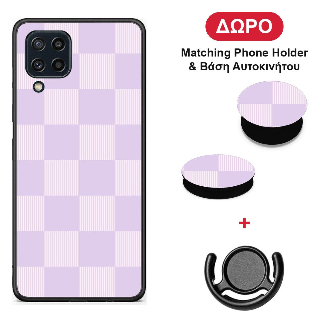 Lilac and Cream Striped Checks - Samsung Galaxy M32 4G / M22 θήκη + Δώρο Phone Holder & Βάση Αυτοκινήτου