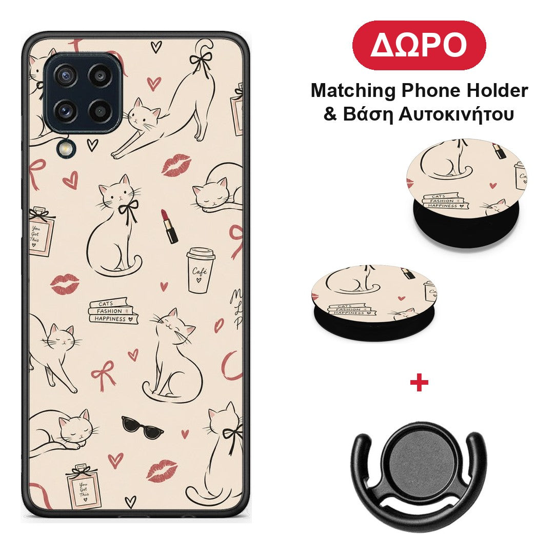 Minimal Cat and Fashion Doodles on Cream - Samsung Galaxy M32 4G / M22 θήκη + Δώρο Phone Holder & Βάση Αυτοκινήτου