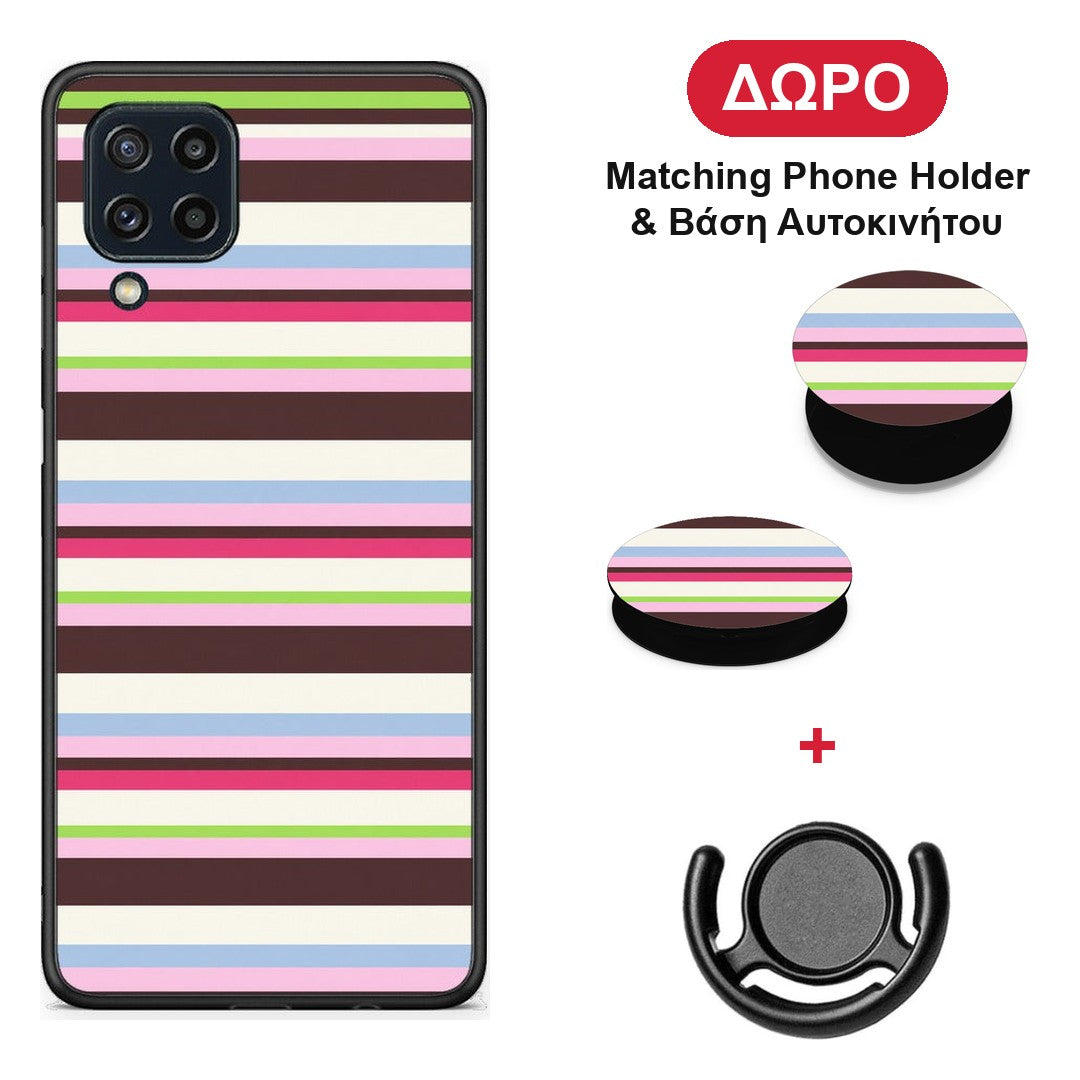 Multicolour Horizontal Stripes - Samsung Galaxy M32 4G / M22 θήκη + Δώρο Phone Holder & Βάση Αυτοκινήτου