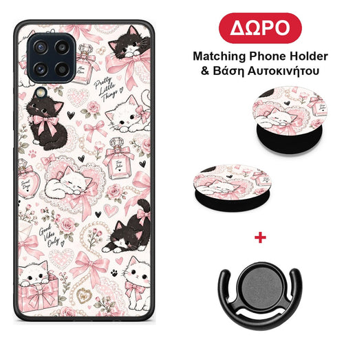 Pink Bows and Kittens Collage - Samsung Galaxy M32 4G / M22 θήκη + Δώρο Phone Holder & Βάση Αυτοκινήτου