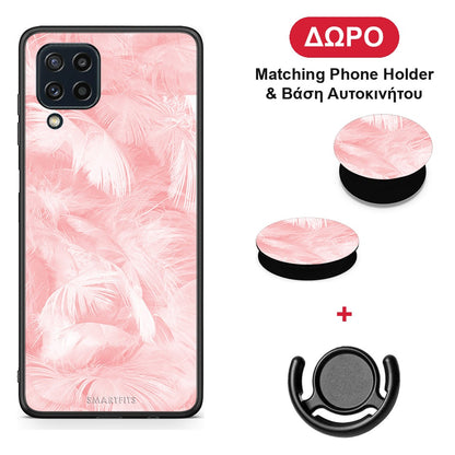 Boho Pink Feather - Samsung Galaxy M32 4G / M22 θήκη + Δώρο Phone Holder & Βάση Αυτοκινήτου