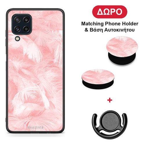 Boho Pink Feather - Samsung Galaxy M32 4G / M22 θήκη + Δώρο Phone Holder & Βάση Αυτοκινήτου