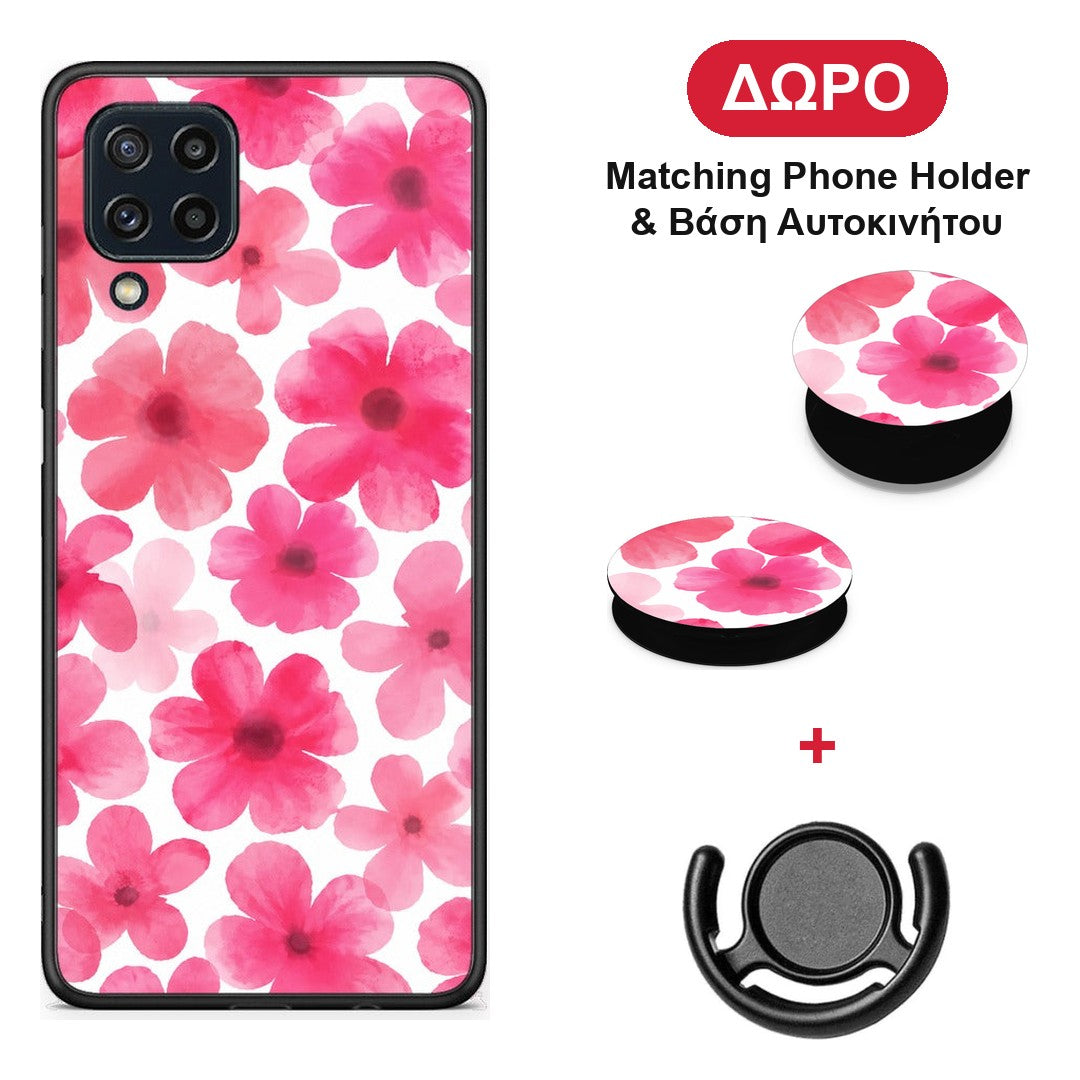Pink Watercolour Flowers on White - Samsung Galaxy M32 4G / M22 θήκη + Δώρο Phone Holder & Βάση Αυτοκινήτου