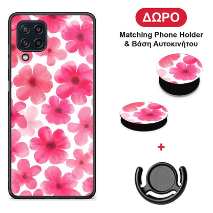 Pink Watercolour Flowers on White - Samsung Galaxy M32 4G / M22 θήκη + Δώρο Phone Holder & Βάση Αυτοκινήτου