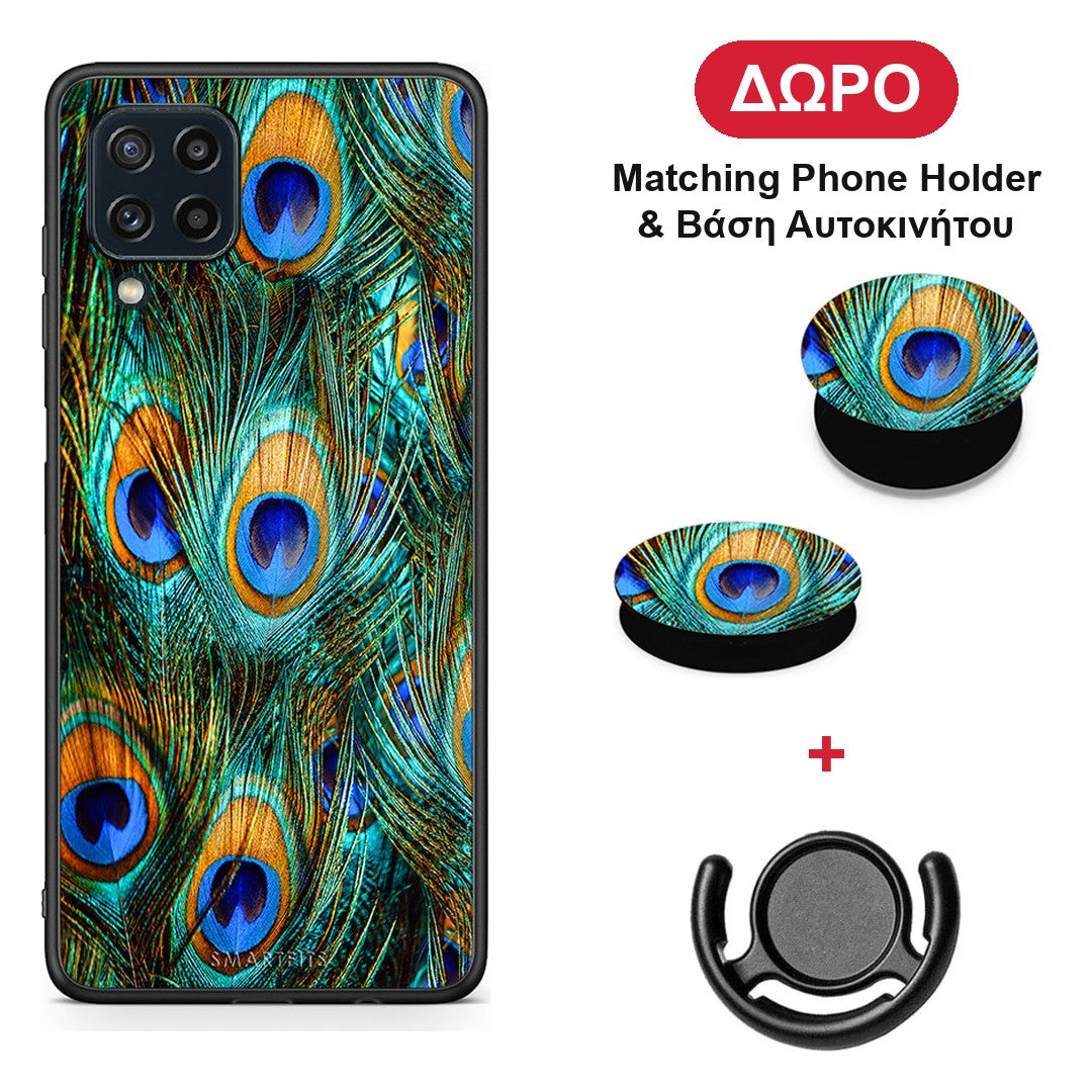 Real Peacock Feathers - Samsung Galaxy M32 4G / M22 θήκη + Δώρο Phone Holder & Βάση Αυτοκινήτου