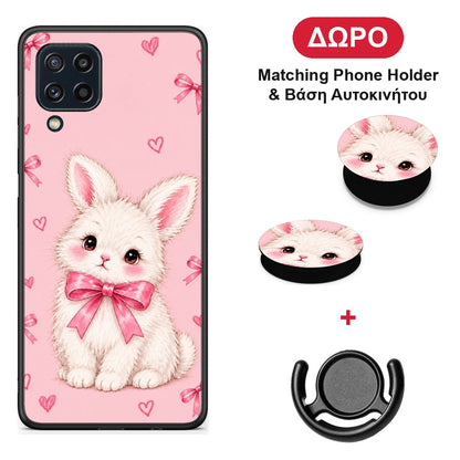 White Bunny and Pink Bows - Samsung Galaxy M32 4G / M22 θήκη + Δώρο Phone Holder & Βάση Αυτοκινήτου
