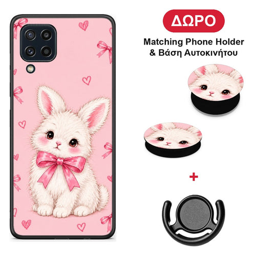 White Bunny and Pink Bows - Samsung Galaxy M32 4G / M22 θήκη + Δώρο Phone Holder & Βάση Αυτοκινήτου
