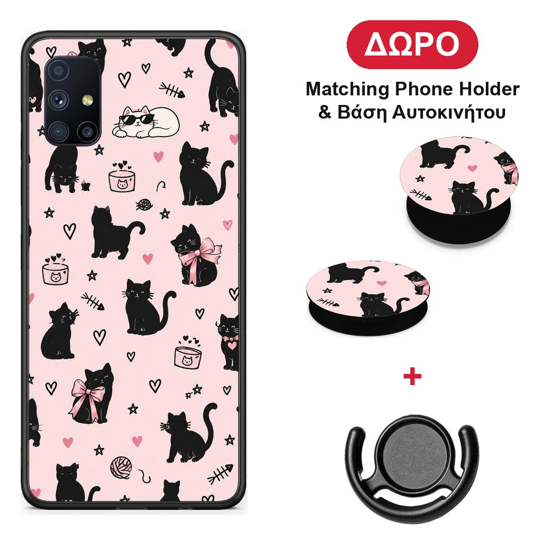 Black Cat Doodles on Pink - Samsung Galaxy M51 θήκη + Δώρο Phone Holder & Βάση Αυτοκινήτου