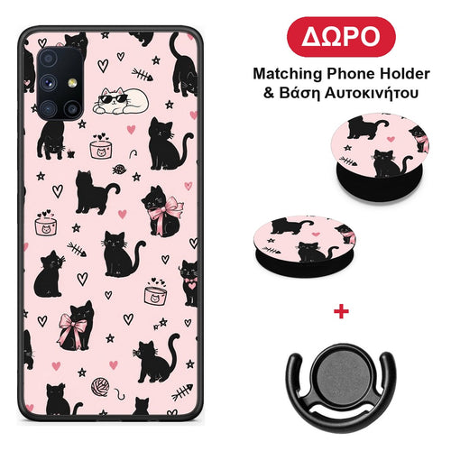 Black Cat Doodles on Pink - Samsung Galaxy M51 θήκη + Δώρο Phone Holder & Βάση Αυτοκινήτου