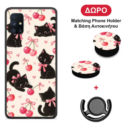 Black Kittens and Cherries on Cream - Samsung Galaxy M51 θήκη + Δώρο Phone Holder & Βάση Αυτοκινήτου