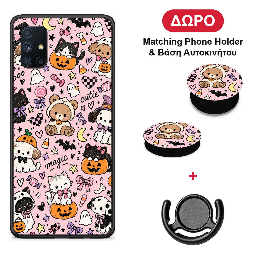 Halloween Cute Animals on Pink - Samsung Galaxy M51 θήκη + Δώρο Phone Holder & Βάση Αυτοκινήτου