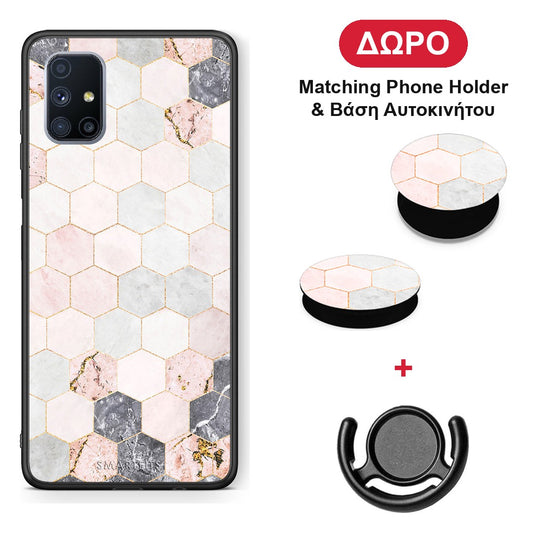 Marble Hexagon Pink - Samsung Galaxy M51 θήκη + Δώρο Phone Holder & Βάση Αυτοκινήτου