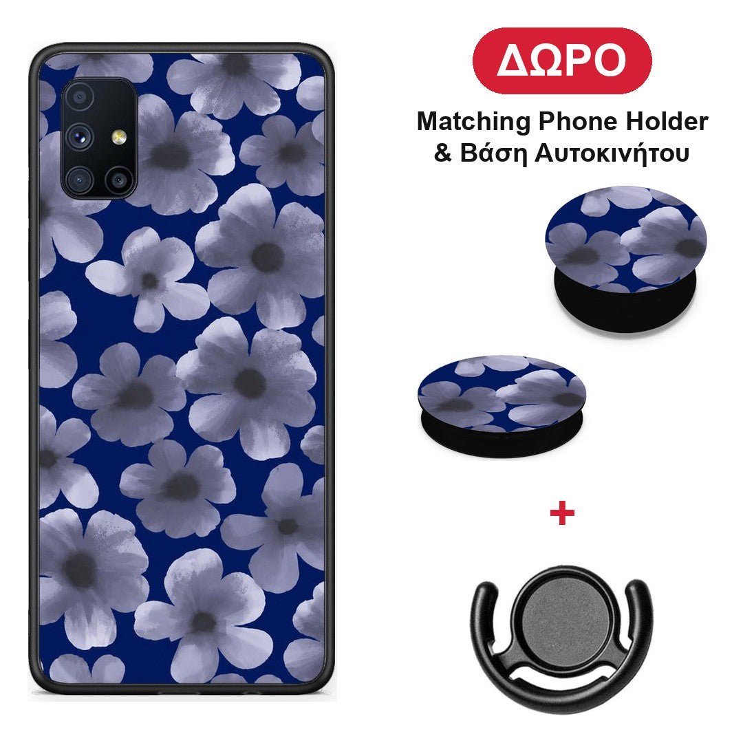 Pale Blue Flowers on Navy - Samsung Galaxy M51 θήκη + Δώρο Phone Holder & Βάση Αυτοκινήτου