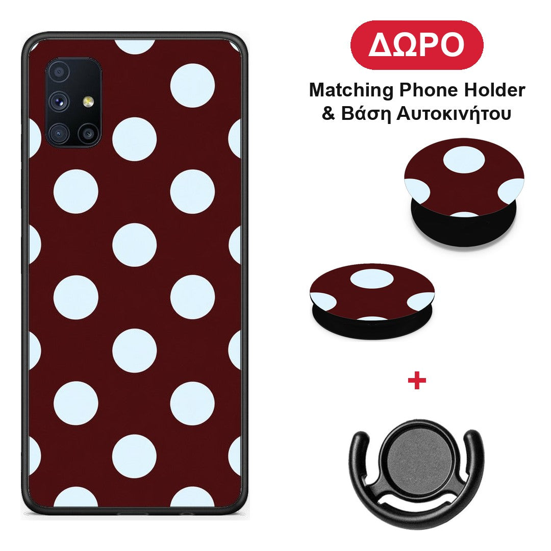 Pale Blue Large Polka Dots on Burgundy - Samsung Galaxy M51 θήκη + Δώρο Phone Holder & Βάση Αυτοκινήτου