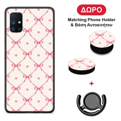 Pink Bow Lattice and Hearts on Cream - Samsung Galaxy M51 θήκη + Δώρο Phone Holder & Βάση Αυτοκινήτου