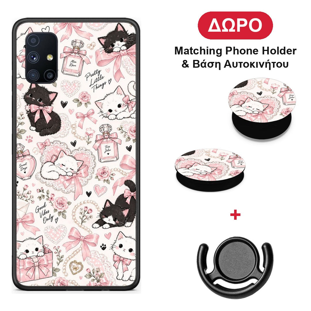 Pink Bows and Kittens Collage - Samsung Galaxy M51 θήκη + Δώρο Phone Holder & Βάση Αυτοκινήτου