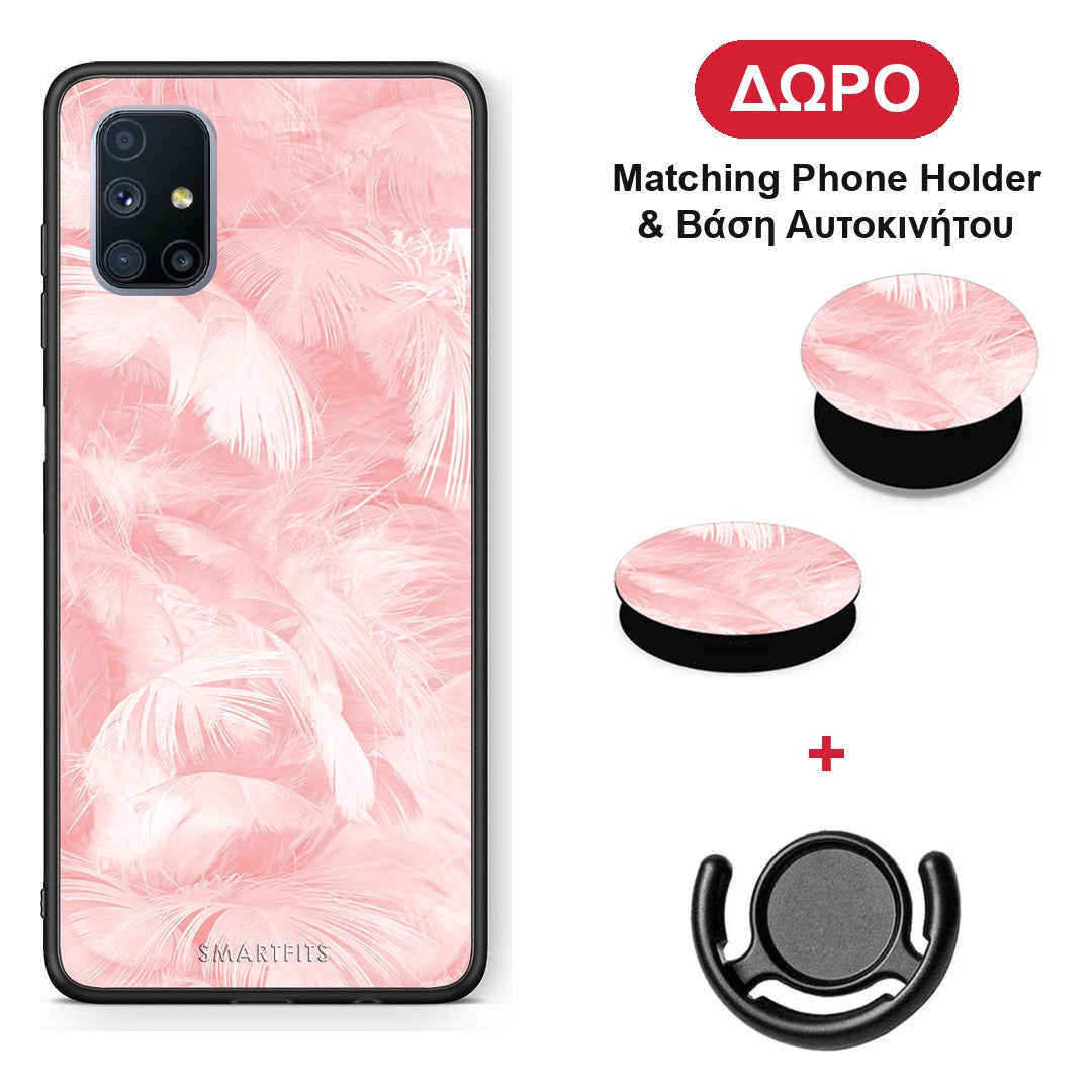 Boho Pink Feather - Samsung Galaxy M51 θήκη + Δώρο Phone Holder & Βάση Αυτοκινήτου