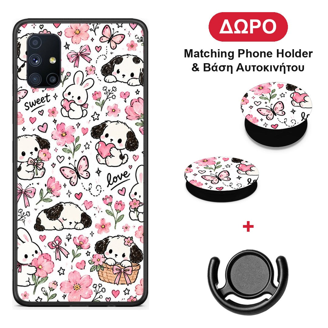 Pink Florals Puppies and Bunnies on White - Samsung Galaxy M51 θήκη + Δώρο Phone Holder & Βάση Αυτοκινήτου