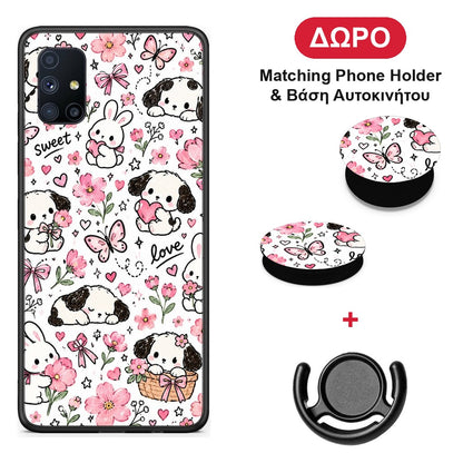 Pink Florals Puppies and Bunnies on White - Samsung Galaxy M51 θήκη + Δώρο Phone Holder & Βάση Αυτοκινήτου