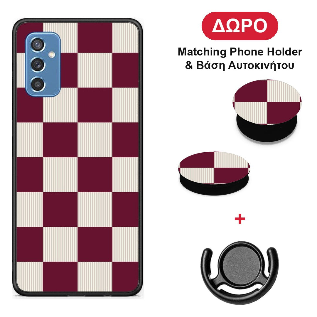 Burgundy and Cream Striped Checks - Samsung Galaxy M52 5G θήκη + Δώρο Phone Holder & Βάση Αυτοκινήτου