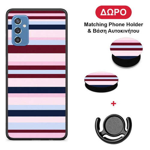 Burgundy Pink and Blue Horizontal Stripes - Samsung Galaxy M52 5G θήκη + Δώρο Phone Holder & Βάση Αυτοκινήτου