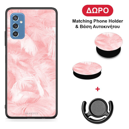 Boho Pink Feather - Samsung Galaxy M52 5G θήκη + Δώρο Phone Holder & Βάση Αυτοκινήτου