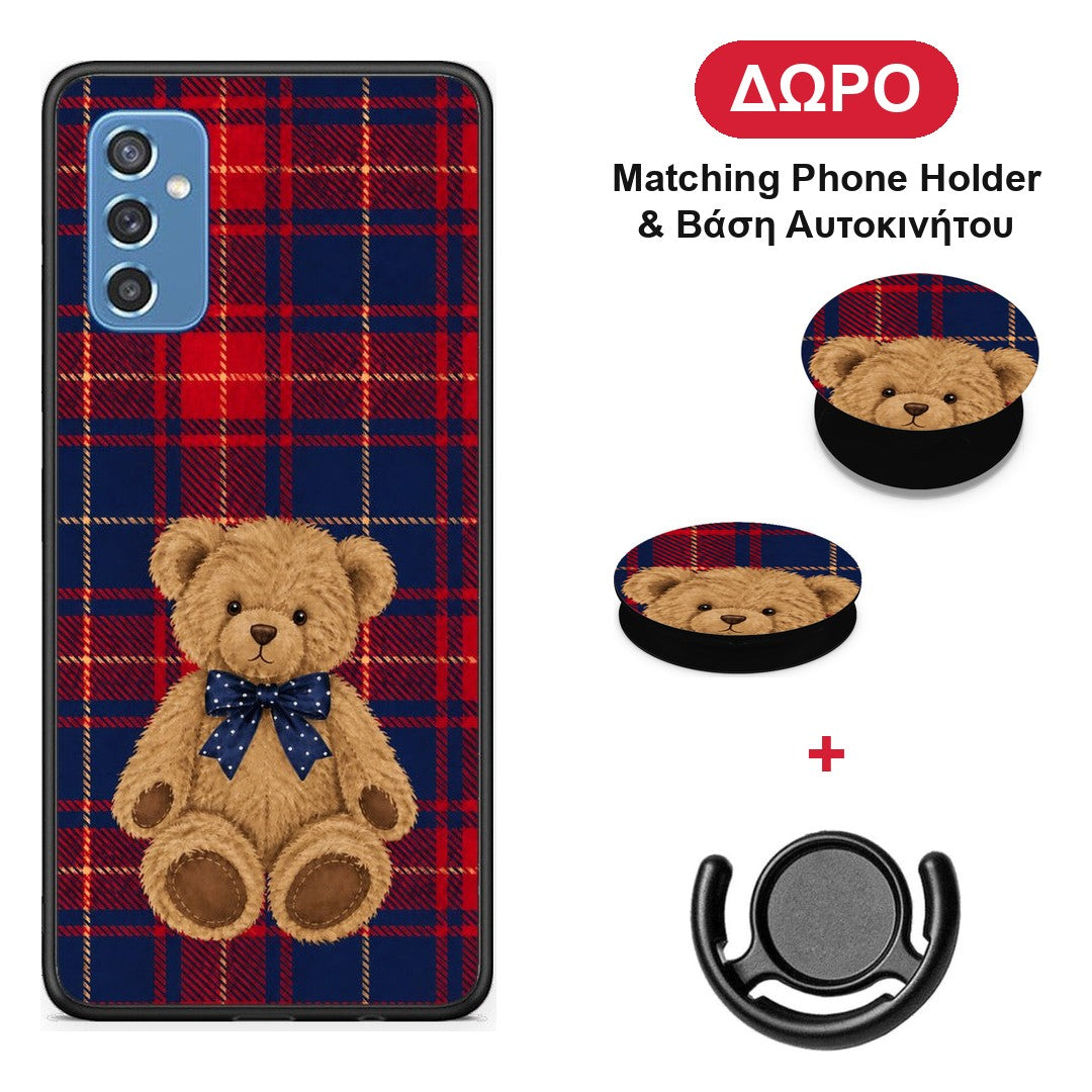 Teddy Bear on Red and Navy Tartan - Samsung Galaxy M52 5G θήκη + Δώρο Phone Holder & Βάση Αυτοκινήτου