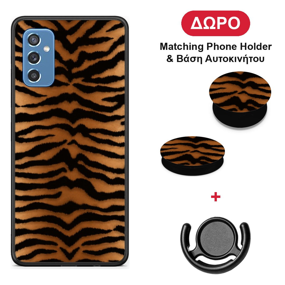 Tiger Print Orange and Black - Samsung Galaxy M52 5G θήκη + Δώρο Phone Holder & Βάση Αυτοκινήτου