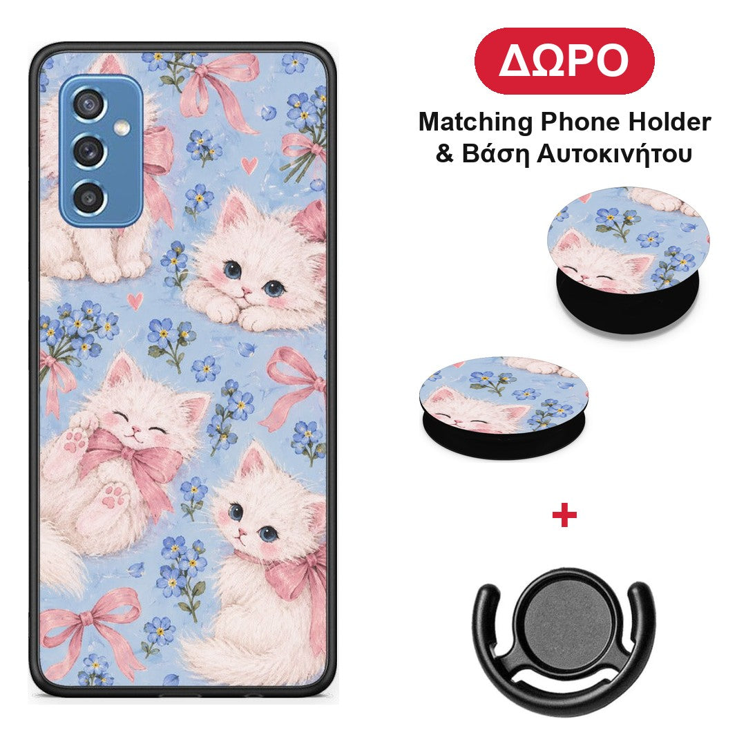 White Kittens and Blue Flowers Large - Samsung Galaxy M52 5G θήκη + Δώρο Phone Holder & Βάση Αυτοκινήτου