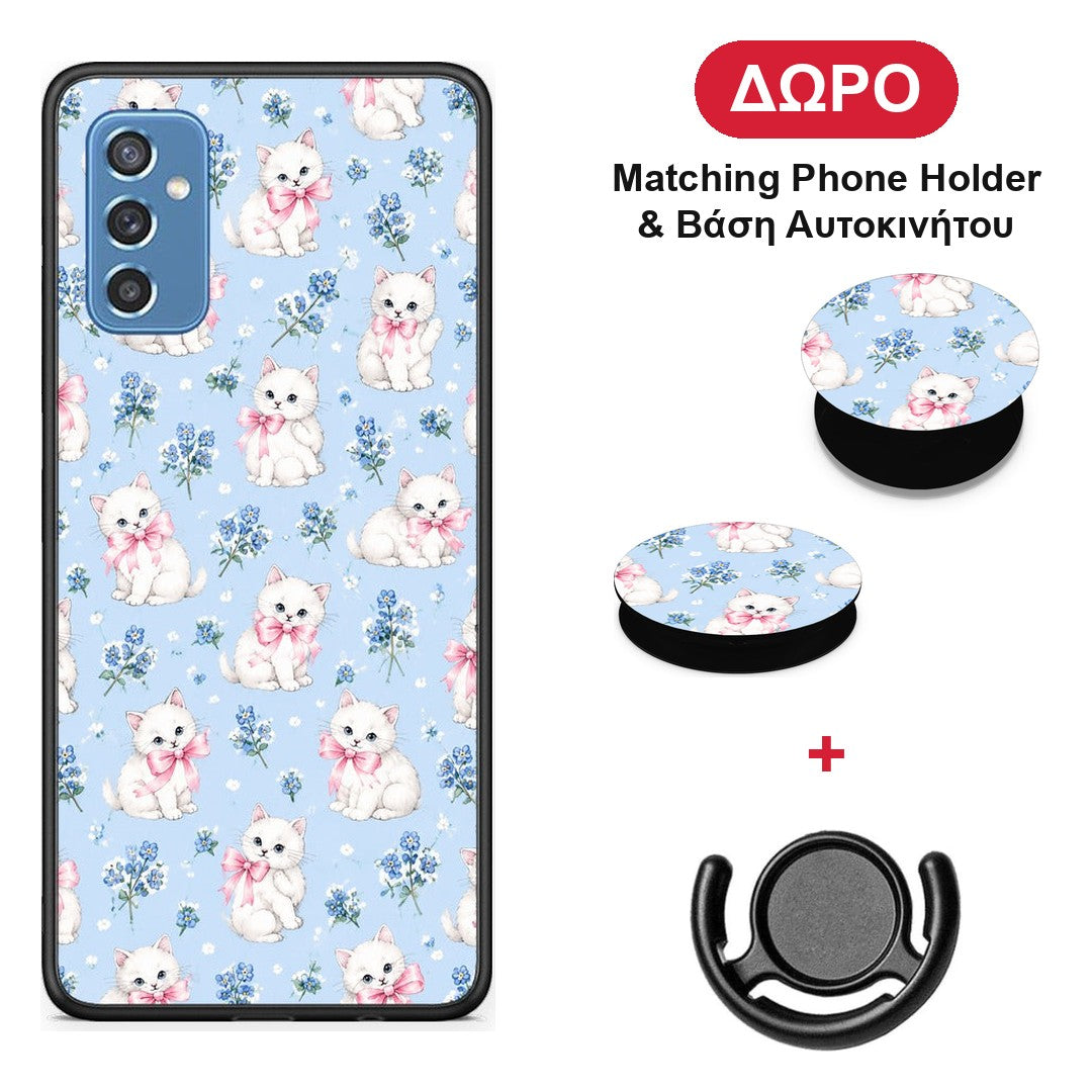 White Kittens and Blue Flowers Small - Samsung Galaxy M52 5G θήκη + Δώρο Phone Holder & Βάση Αυτοκινήτου