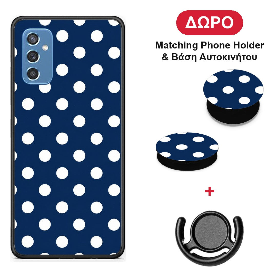 White Large Polka Dots on Navy - Samsung Galaxy M52 5G θήκη + Δώρο Phone Holder & Βάση Αυτοκινήτου