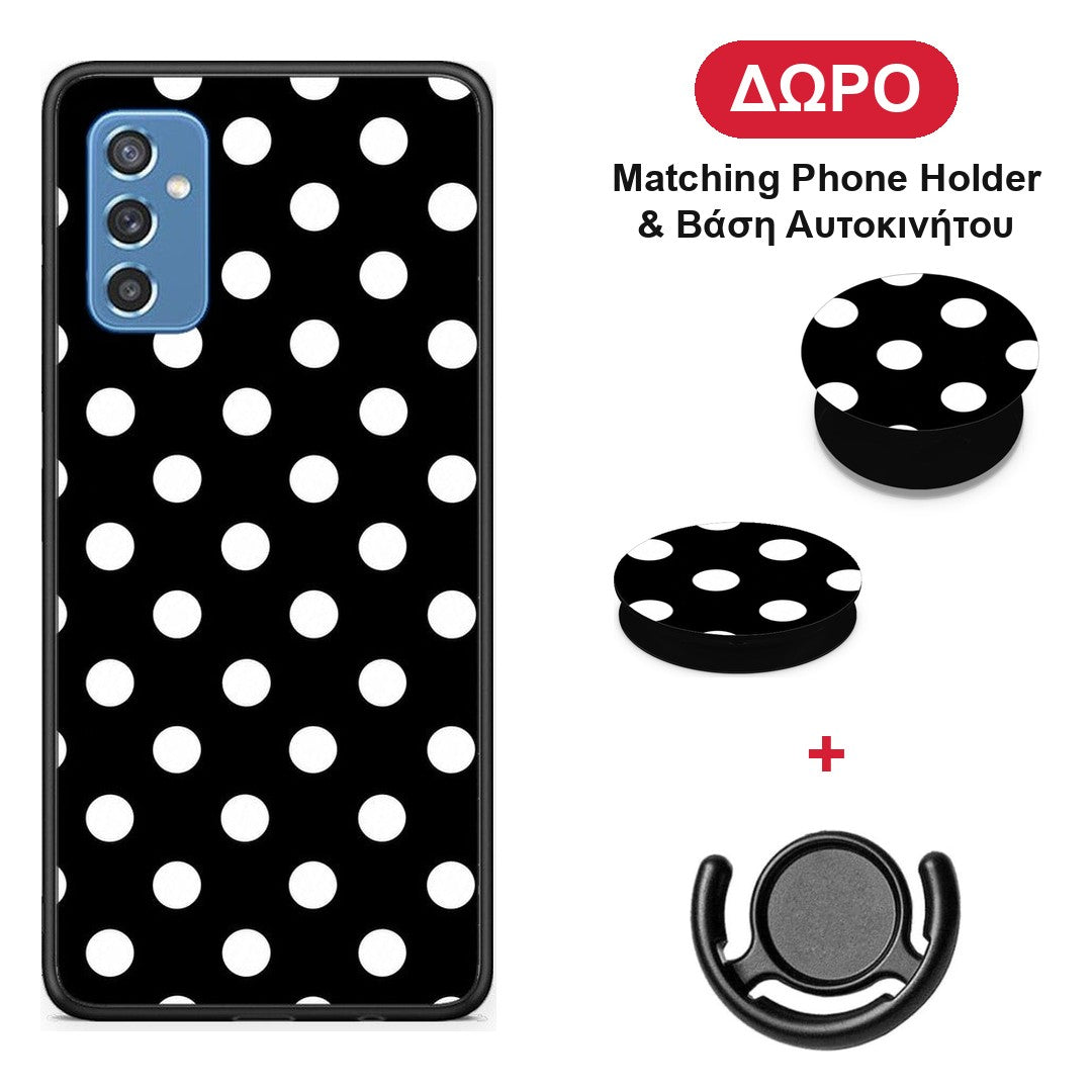 White Polka Dots on Black - Samsung Galaxy M52 5G θήκη + Δώρο Phone Holder & Βάση Αυτοκινήτου