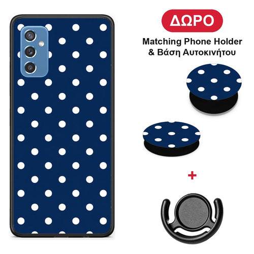 White Small Polka Dots on Navy - Samsung Galaxy M52 5G θήκη + Δώρο Phone Holder & Βάση Αυτοκινήτου