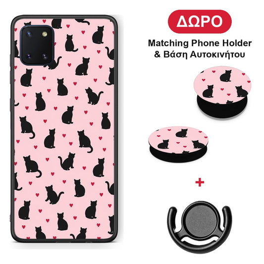 Black Cat Silhouettes and Hearts on Pink - Samsung Galaxy Note 10 Lite θήκη + Δώρο Phone Holder & Βάση Αυτοκινήτου