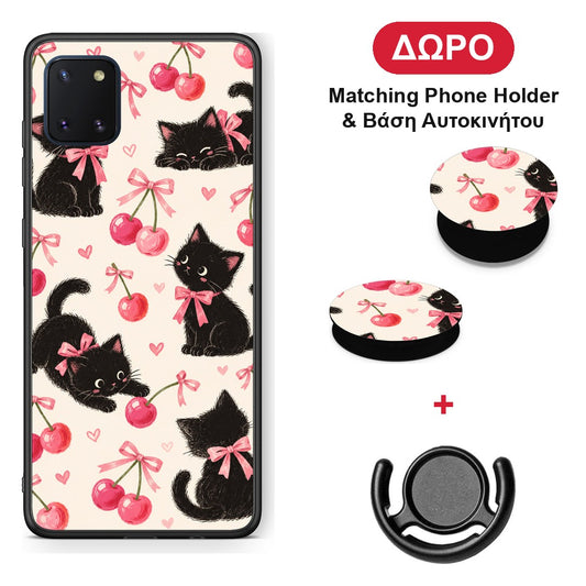 Black Kittens and Cherries on Cream - Samsung Galaxy Note 10 Lite θήκη + Δώρο Phone Holder & Βάση Αυτοκινήτου