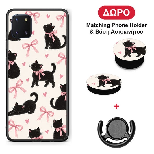 Black Kittens and Pink Bows on Cream Large - Samsung Galaxy Note 10 Lite θήκη + Δώρο Phone Holder & Βάση Αυτοκινήτου