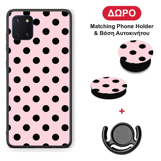 Black Polka Dots on Pink - Samsung Galaxy Note 10 Lite θήκη + Δώρο Phone Holder & Βάση Αυτοκινήτου