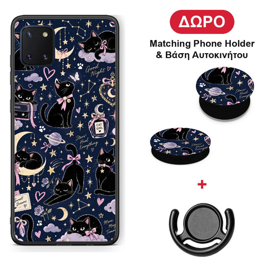 Celestial Black Cats on Navy - Samsung Galaxy Note 10 Lite θήκη + Δώρο Phone Holder & Βάση Αυτοκινήτου