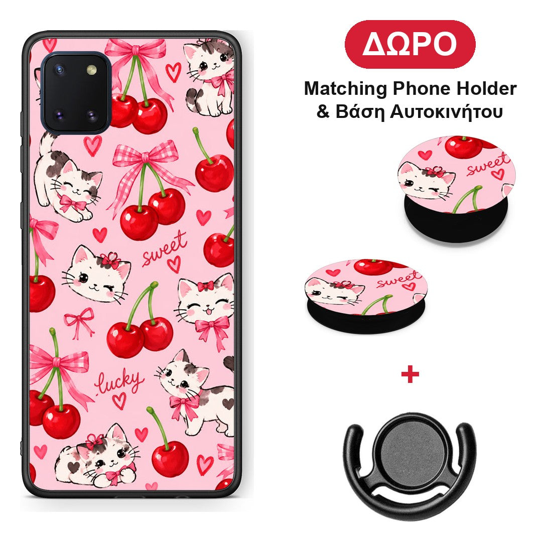 Cherries Bows and Kittens on Pink - Samsung Galaxy Note 10 Lite θήκη + Δώρο Phone Holder & Βάση Αυτοκινήτου
